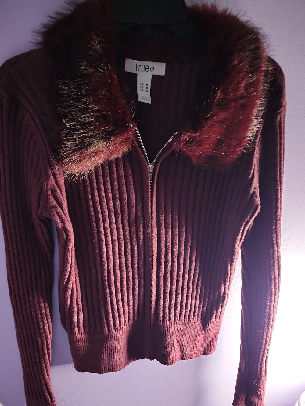 True Burgundy Ribbed Zip-Front Sweater with Faux Fur Collar